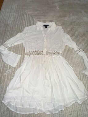 Stylestalker White Button-Down Long Sleeve Dress with Smocked Waist